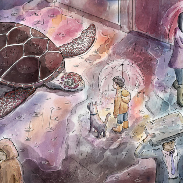 Ilustracja inspirowana legendą o Urashima Tarō: Dzień dobry Panie Żółwiu