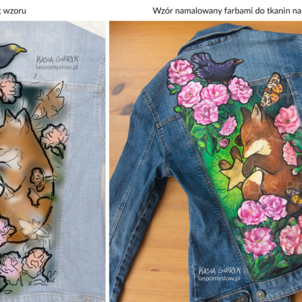 Ręcznie malowana kurtka jeansowa: Lis i róże