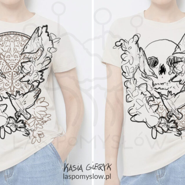 Szkice wzorów na t-shirt: ptaki i czaszka