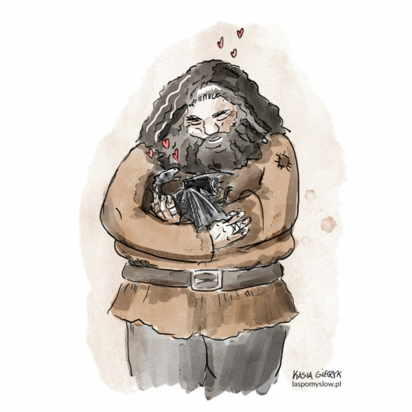 Ilustracja: Harry Potter, Hagrid i Norbert